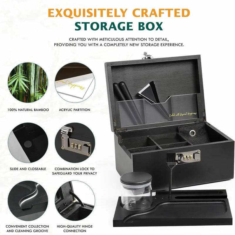 OZCHIN Bamboo Stash Box with Kits(Black)
