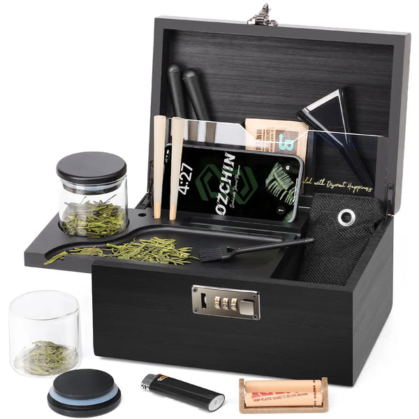 OZCHIN Bamboo Stash Box with Kits(Black)