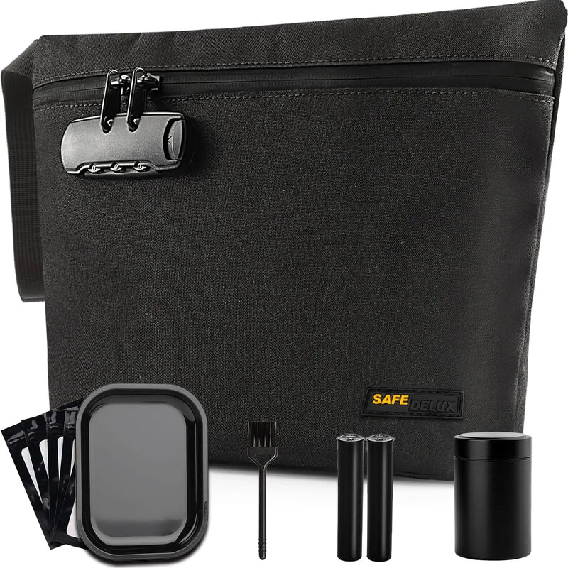 SafeDelux Smell Proof Bag with Combination Lock(Black) with Kits