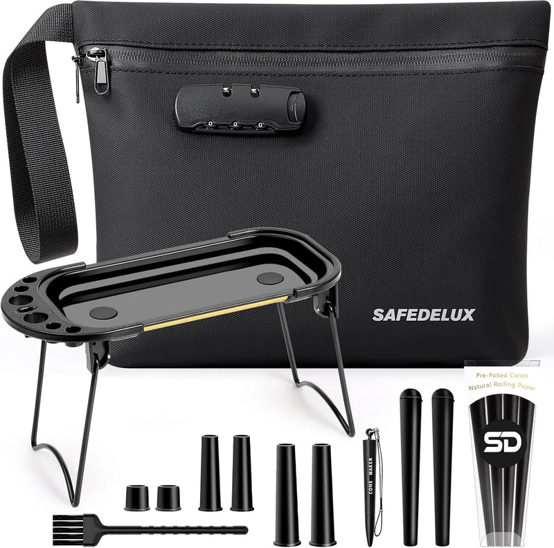 SafeDelux Smell Proof Bag with Combination Lock(Black-Pu) with Kits