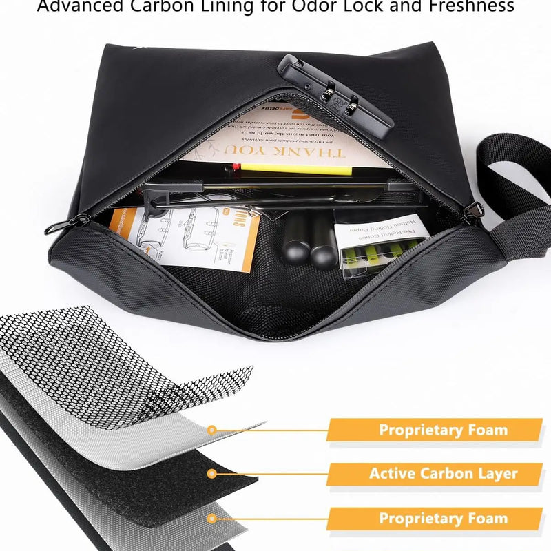 SafeDelux Smell Proof Bag with Combination Lock(Black-Pu) with Kits