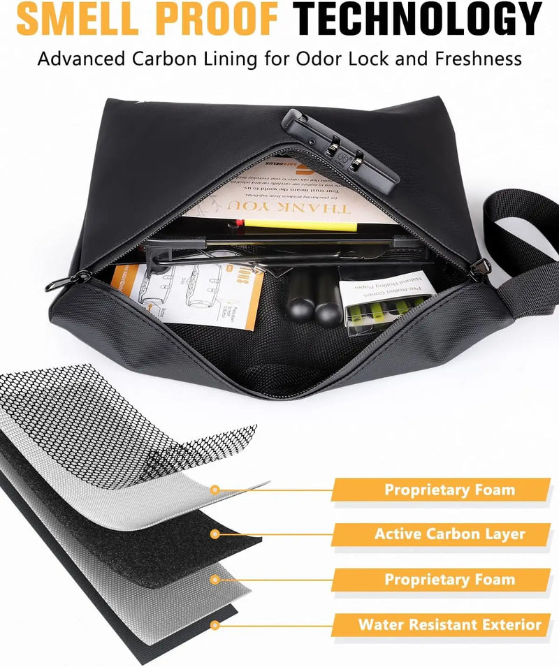 SafeDelux Smell Proof Bag with Combination Lock(Black-Pu) with Kits
