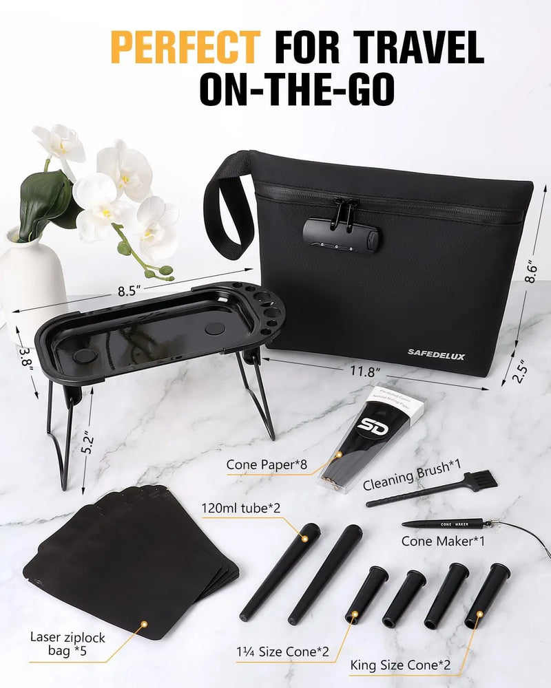 SafeDelux Smell Proof Bag with Combination Lock(Black-Pu) with Kits