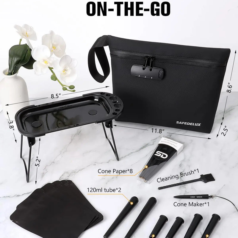 SafeDelux Smell Proof Bag with Combination Lock(Black-Pu) with Kits