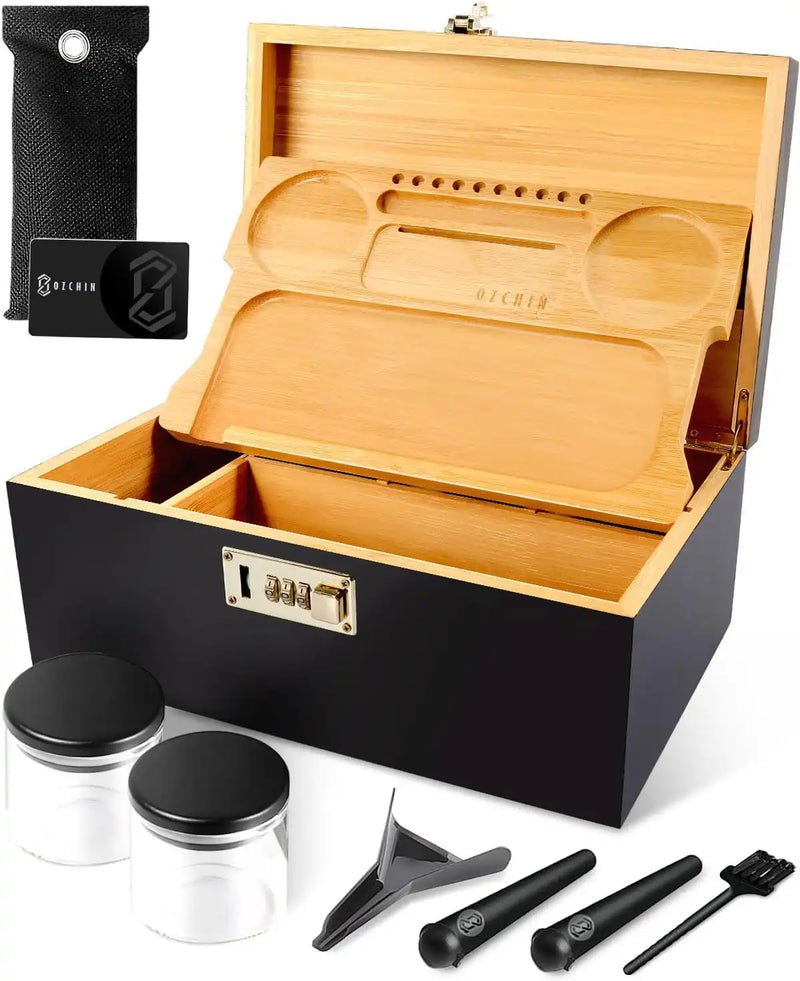 OZCHIN Locking Bamboo Stash Box Kits(XL Black)