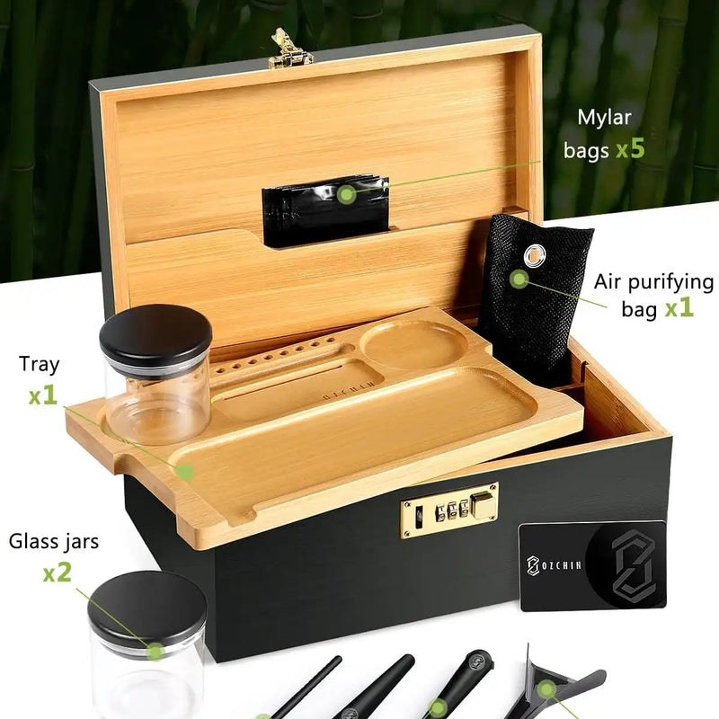OZCHIN Locking Bamboo Stash Box Kits(XL Black)