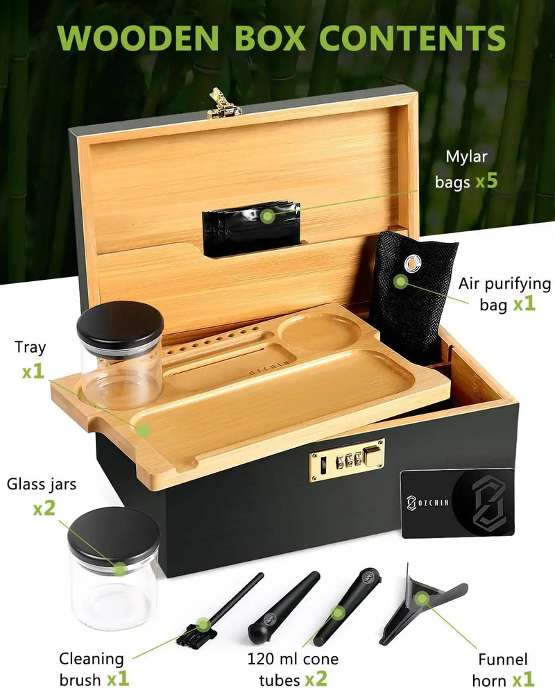 OZCHIN Locking Bamboo Stash Box Kits(XL Black)