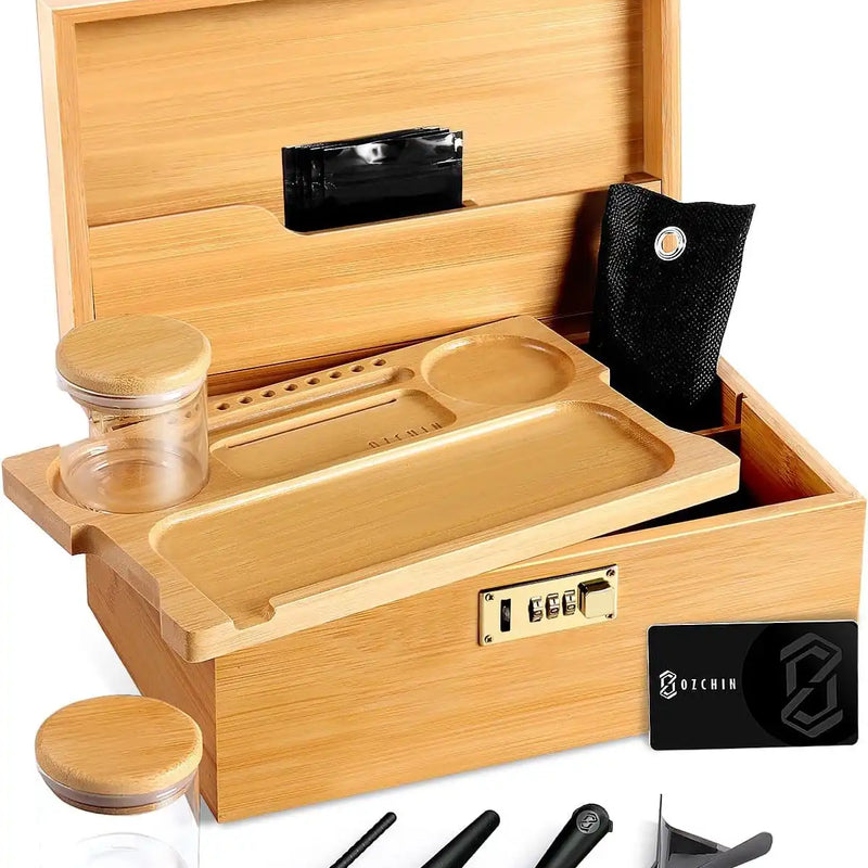 OZCHIN Locking Bamboo Stash Box Kits(XL Brown)