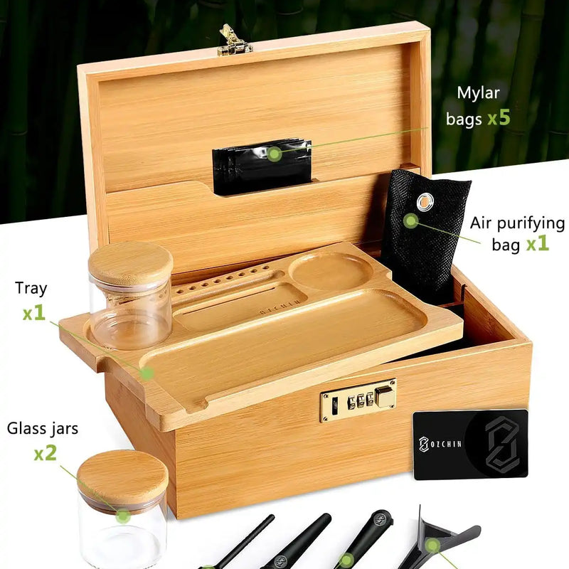 OZCHIN Locking Bamboo Stash Box Kits(XL Brown)