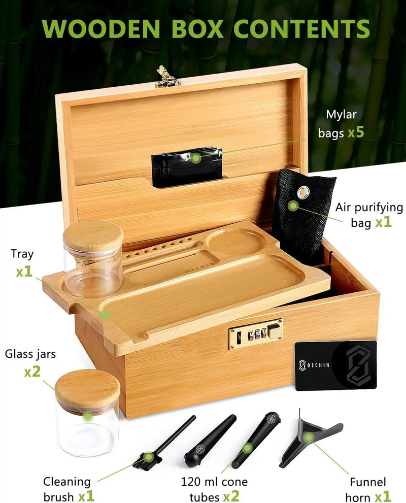 OZCHIN Locking Bamboo Stash Box Kits(XL Brown)