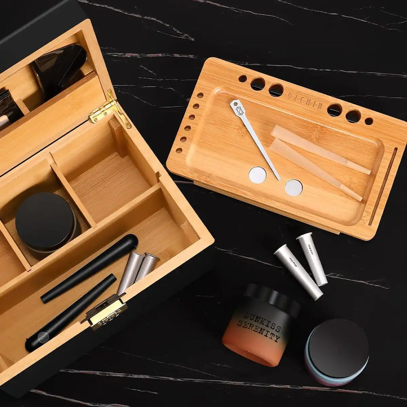 OZCHIN Large Bamboo Box with Foldable Tray(Brown)