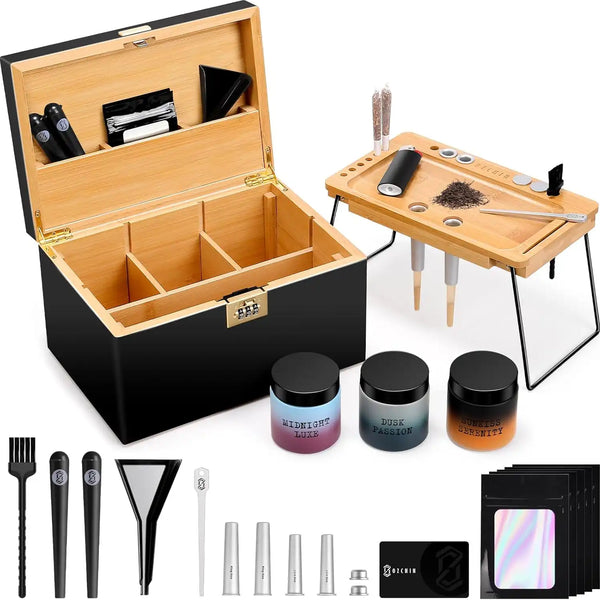 OZCHIN Large Bamboo Box with Foldable Tray(Black)