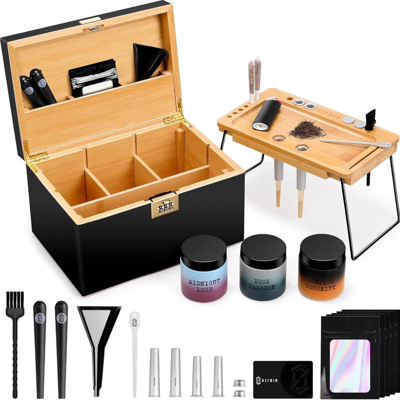 OZCHIN Large Bamboo Box with Foldable Tray(Black)