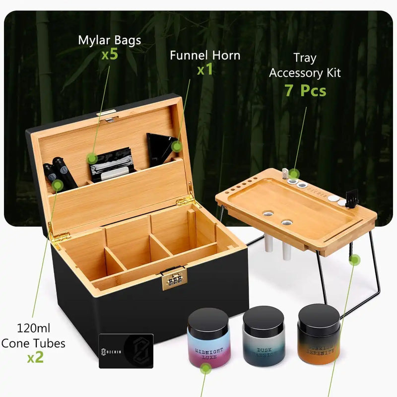 OZCHIN Large Bamboo Box with Foldable Tray(Black)