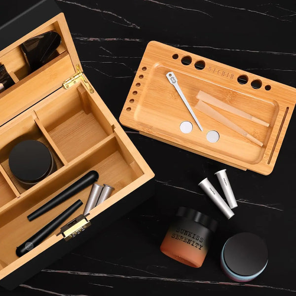 OZCHIN Large Bamboo Box with Foldable Tray(Black)