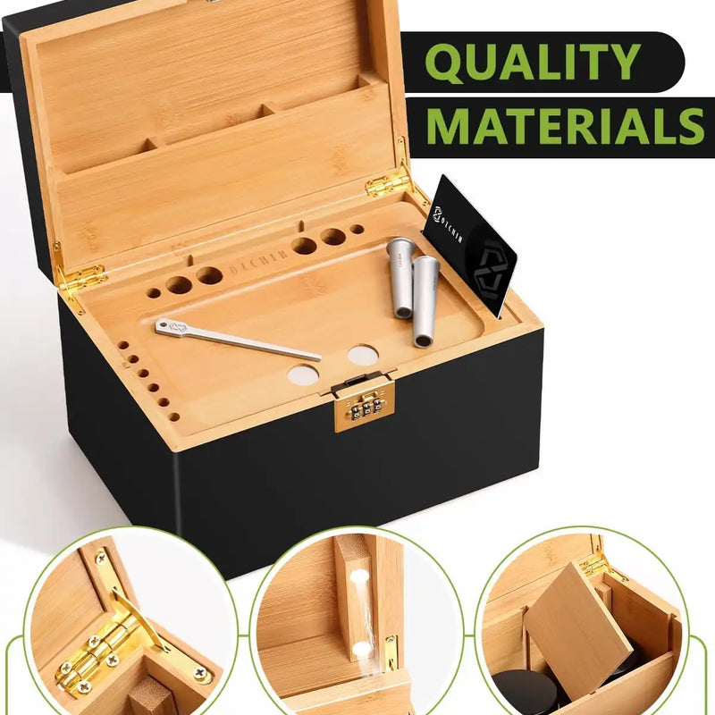 OZCHIN Large Bamboo Box with Foldable Tray(Black)