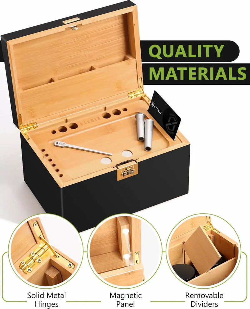 OZCHIN Large Bamboo Box with Foldable Tray(Black)