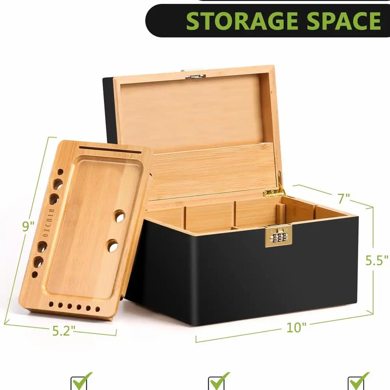 OZCHIN Large Bamboo Box with Foldable Tray(Black)