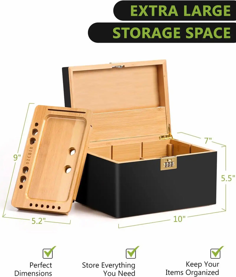 OZCHIN Large Bamboo Box with Foldable Tray(Black)