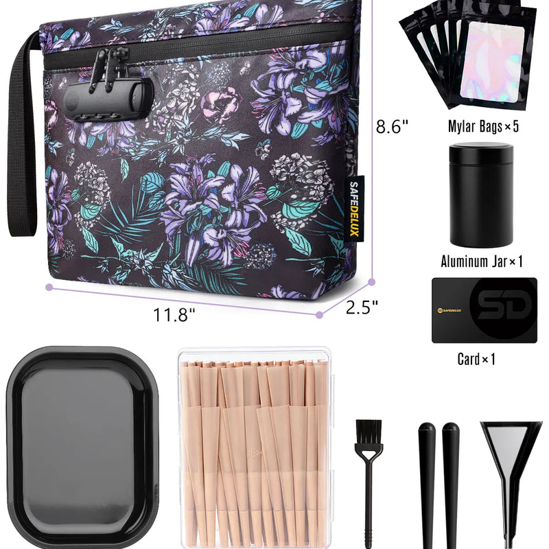 SafeDelux Vireon | Lockable Smell Proof Bag Kits | Purple Flower size detail