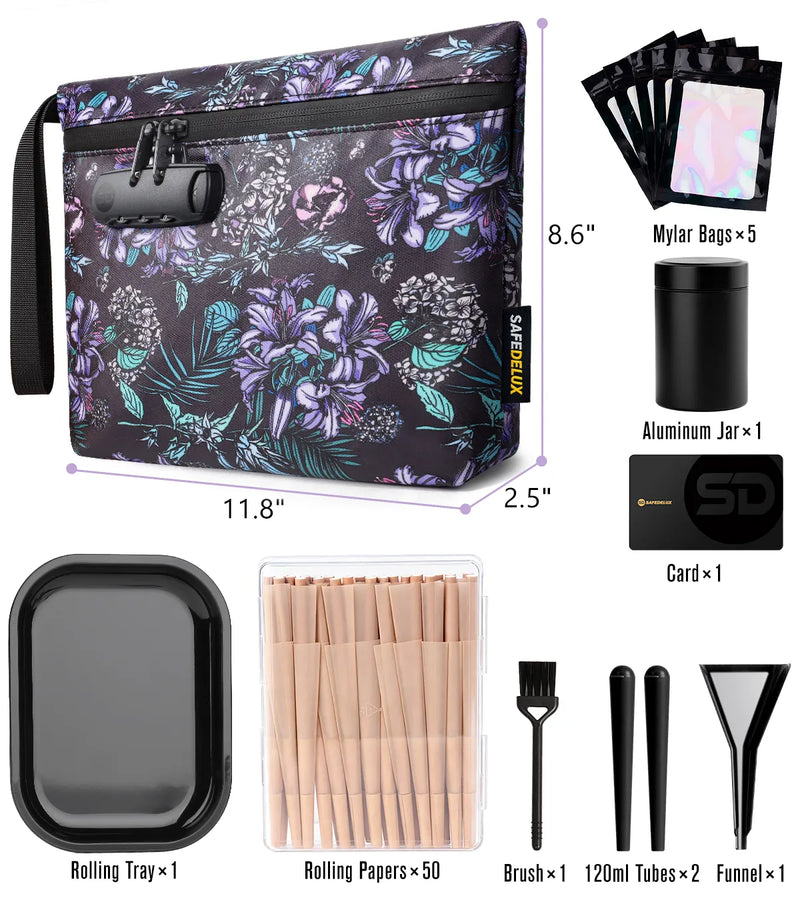 SafeDelux Vireon | Lockable Smell Proof Bag Kits | Purple Flower size detail