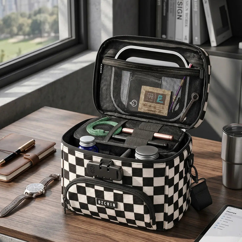 OZCHIN Vecran | Smell Proof Cross Body Bag 6x6.5x10 in (checker) on the desk