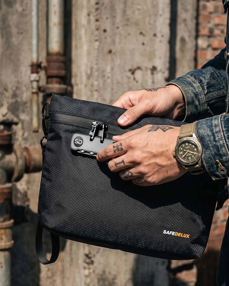 SafeDelux Vireon | Lockable Stink Proof Bag with Cross Body Strap usage scenario