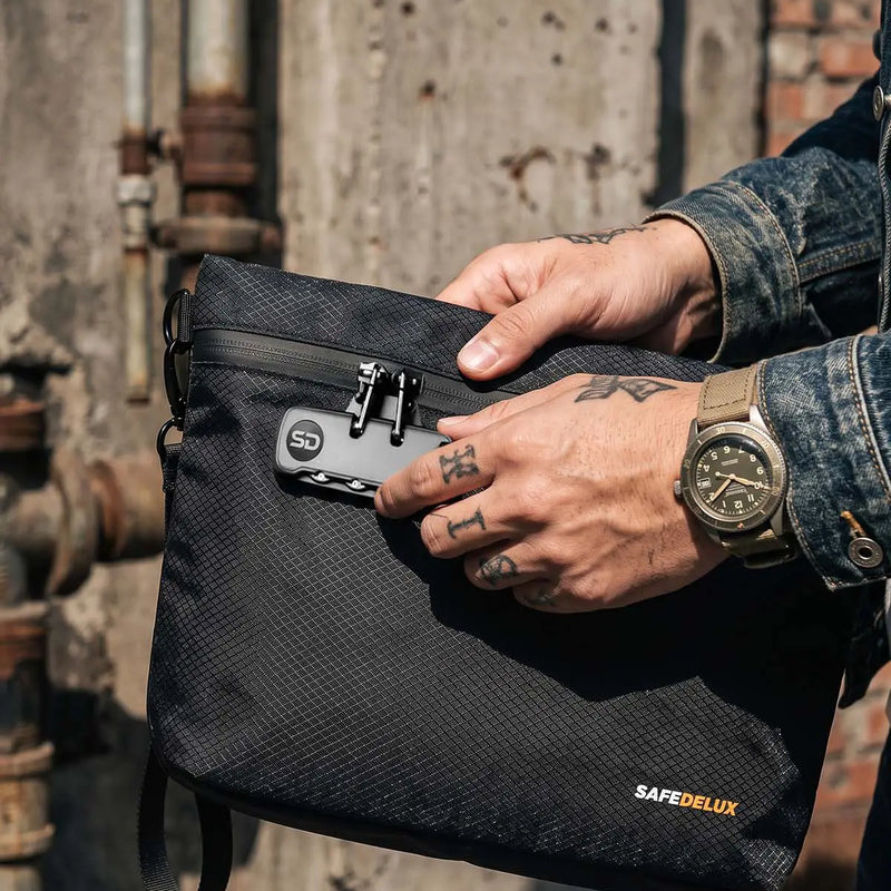 SafeDelux Vireon | Lockable Stink Proof Bag with Cross Body Strap usage scenario