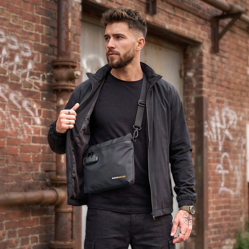 SafeDelux Vireon | Lockable Stink Proof Bag with Cross Body Strap usage scenario