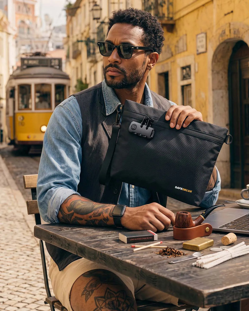 SafeDelux Vireon | Lockable Stink Proof Bag with Cross Body Strap usage scenario