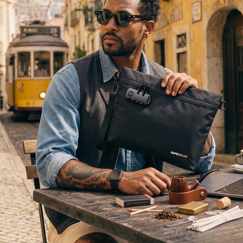 SafeDelux Vireon | Lockable Stink Proof Bag with Cross Body Strap usage scenario